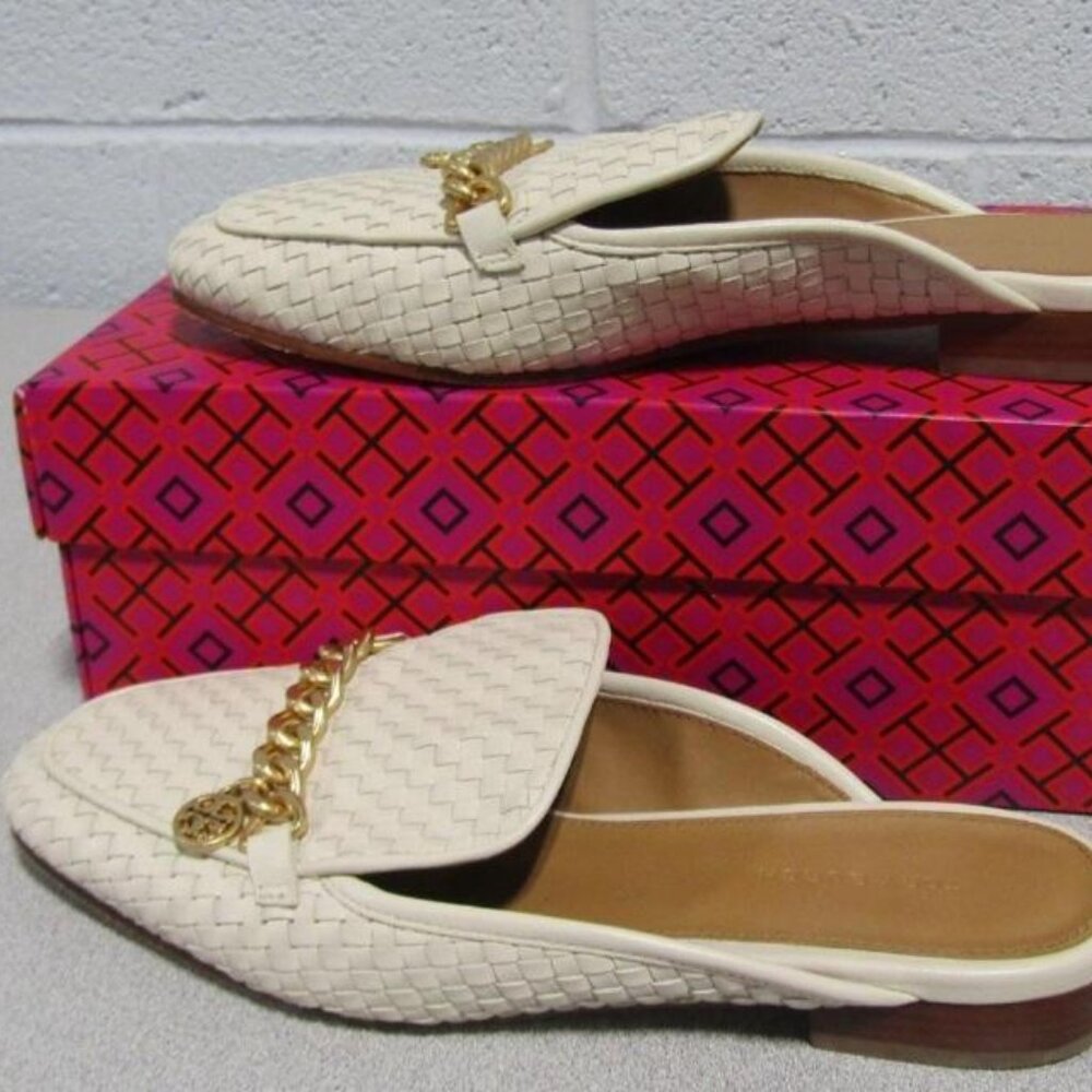 Tory Burch Mini Benton Cream Leather Slides Charm Sz 7.5-VERY LIGHTLY USED w/box